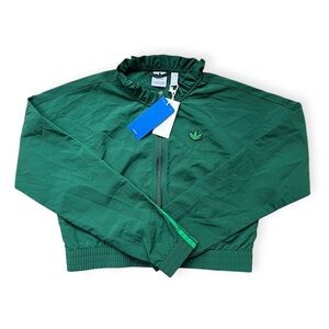 RARE NWT Adidas Originals Dk Green Ruffle Neck Cropped Windbreaker Jacket, Sz Sm